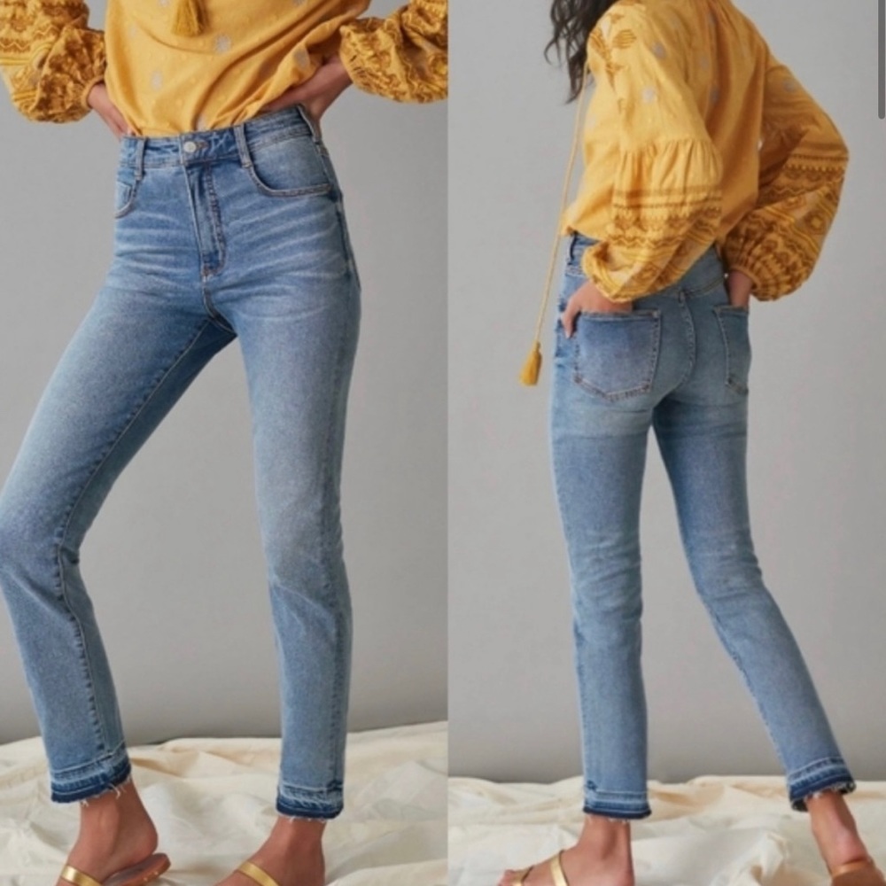 Anthropologie Pilcro Slim Straight Frayed Hem Denim Jeans Ankle Size 31 Tall